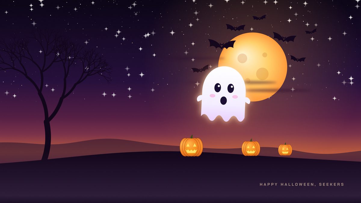 Halloween Seekers wallpaper: a ghost saying boo over glowing pumpkins, with bats and an orange moon