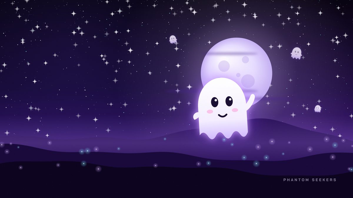 Phantom Night wallpaper: a friendly ghost waving in front of a big purple moon