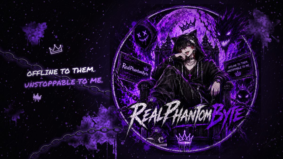 Phantom Throne wallpaper: the RealPhantomByte logo art, a hooded character on a throne in front of a purple moon