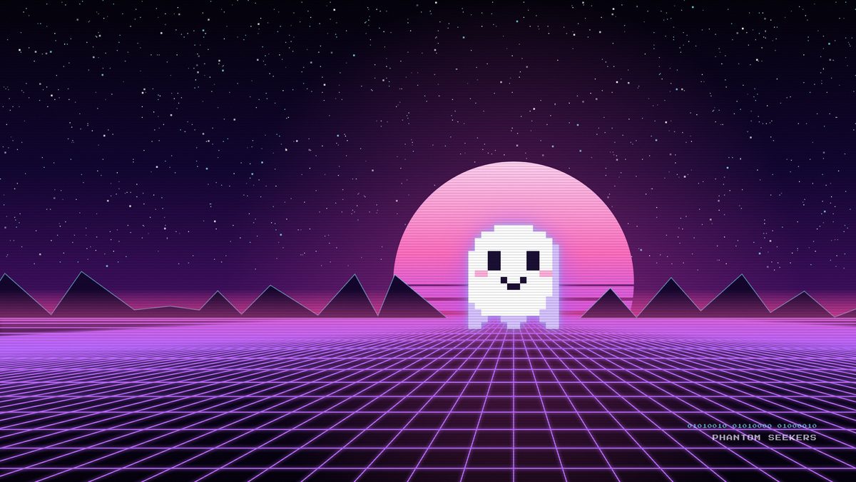 Pixel Phantom wallpaper: a pixel-art ghost in front of a pink retro sun over a neon grid