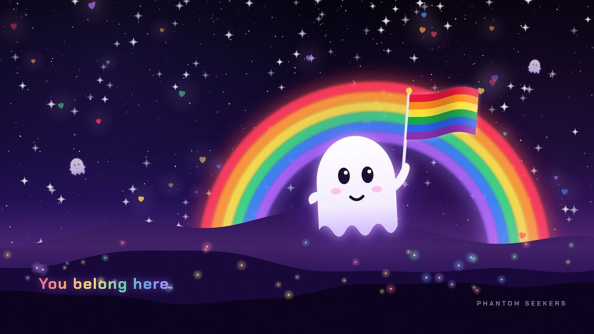 Pride Bit wallpaper: Bit the ghost waving a rainbow flag in front of a glowing rainbow, with the words you belong here