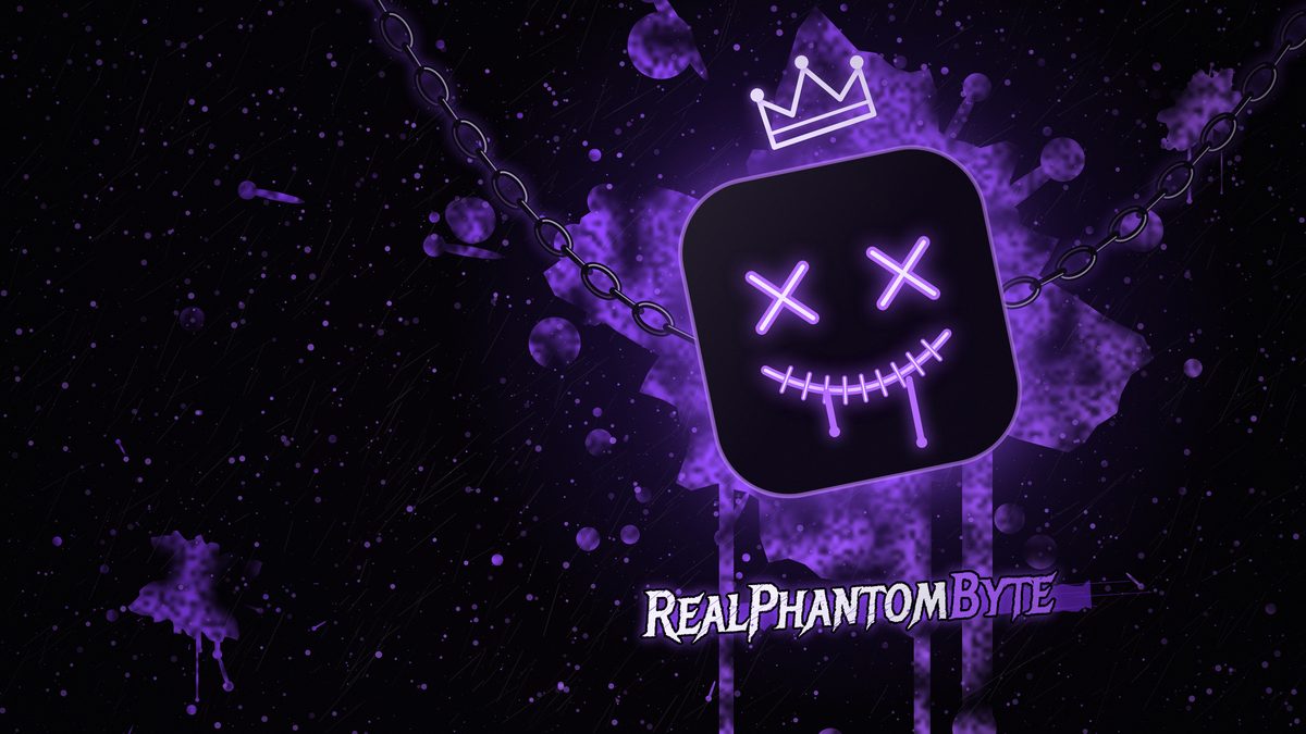 X Grin wallpaper: a dark square face with glowing purple X eyes and a stitched grin, held by chains